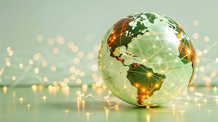 Globe with glowing lines on bokeh background. Global business concept.の写真素材