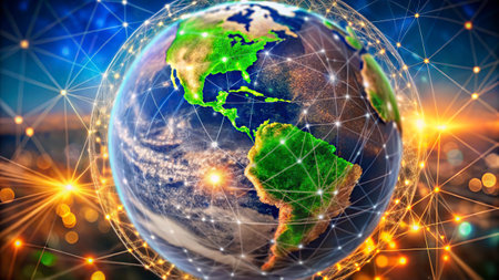 Earth planet with network on the technological background. 3D illustration.の写真素材