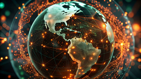 Global network connection over the world. 3d rendering toned image