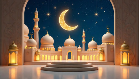 3D rendering of Ramadan Kareem background with mosque and crescent moonの写真素材