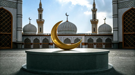 3d illustration of golden crescent moon over podium with mosque backgroundの写真素材