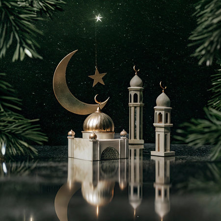 3d illustration of golden crescent moon with mosque and lanternsの写真素材