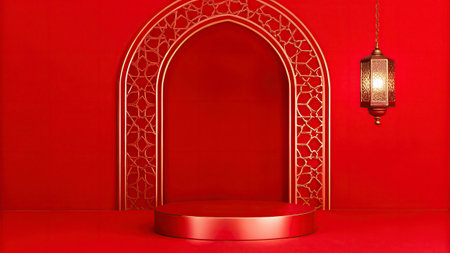 Podium on red background, Ramadan Kareem, 3D renderingの写真素材