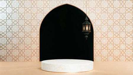 3D rendering of a white marble podium for product presentation with arabian pattern background