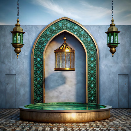 3D Illustration of Ramadan Kareem background with mosque and lanternの写真素材