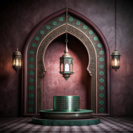 3D rendering of a green islamic podium with lanternsの写真素材