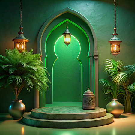 Ramadan Kareem background with arabic lanterns and green carpetの写真素材