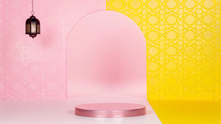 3d render of minimal product display podium with oriental pattern background.の写真素材