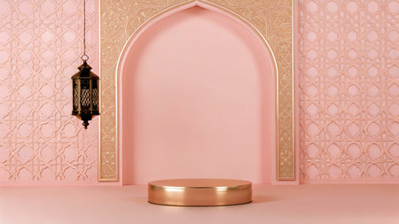 3d rendering of blank product podium with oriental pattern background.の写真素材