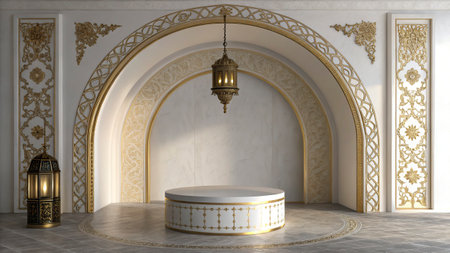 3d rendering of white marble podium with golden arabesque patternの写真素材