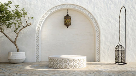 3d render of white marble podium with oriental pattern in front of white wallの写真素材