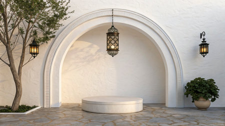 3d rendering of white marble podium and stone arch in the gardenの写真素材