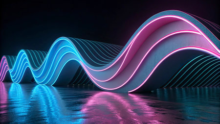3d render, abstract background with pink and blue neon lines, waves on a dark surface