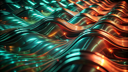 3d rendering of abstract metallic background with glowing wavy lines.の写真素材
