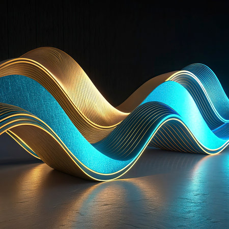 Abstract 3d rendering of wavy blue and golden lines on black backgroundの写真素材
