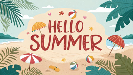 Hello Summer lettering on the beach background. Vector illustration in flat styleの写真素材