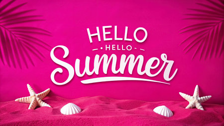 Hello Summer message on pink background with seashells and palm leavesの写真素材
