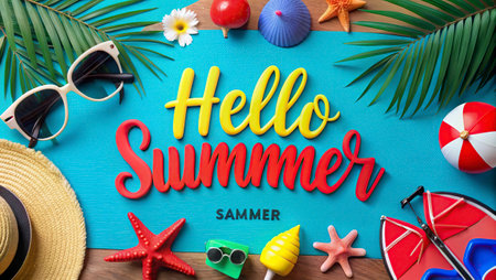 Hello Summer text with summer beach accessories on blue background. Top view