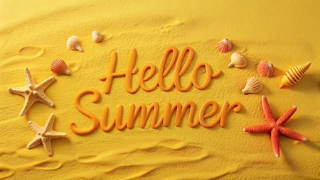 Text Hello Summer with starfish and seashells on yellow sandの写真素材