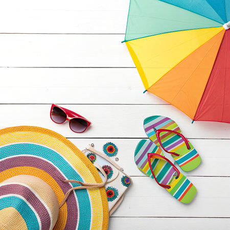 Beach accessories on white wooden background. Top view with copy space