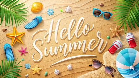 Hello Summer lettering with beach objects on sand background. Vector illustration.