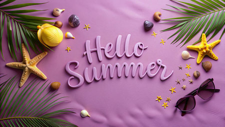 Hello Summer lettering with seashells and starfish on purple backgroundの写真素材