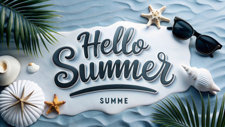 Hello Summer Calligraphic Lettering With Sunglasses, Seashells and Palm Leaves