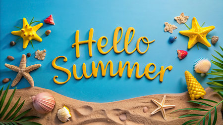 Hello Summer lettering with seashells and sand on blue background
