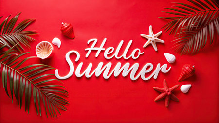 Hello Summer lettering with seashells and palm leaves on red backgroundの写真素材