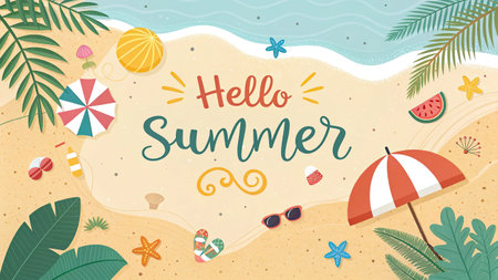 Hello Summer lettering on beach background. Hello summer. Vector illustration