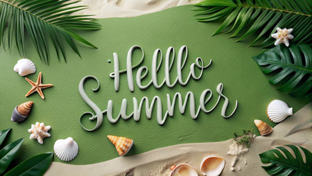 Hello Summer text on green background with tropical leaves and seashellsの写真素材