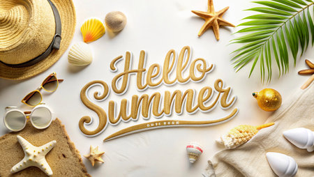 Hello Summer lettering with starfish and palm leaves on yellow backgroundの写真素材
