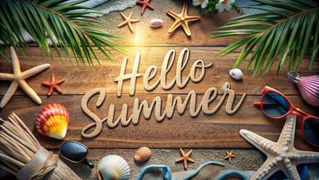 Hello Summer Text on Wooden Background with Starfish, Sunglasses and Tropical Leavesの写真素材
