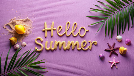 Hello Summer lettering with seashells and palm leaves on purple background