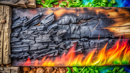 Burning charcoal on a wooden board with green leaves and fire.の写真素材