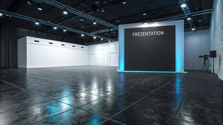 3D render of empty exhibition hall with professional equipment and copyspaceの写真素材
