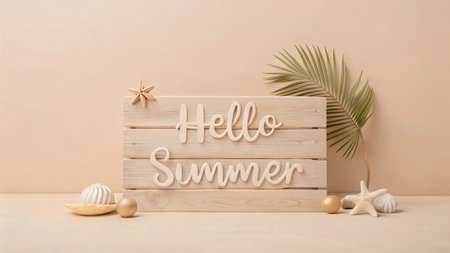 Hello summer text on wooden box and seashells on beige backgroundの写真素材