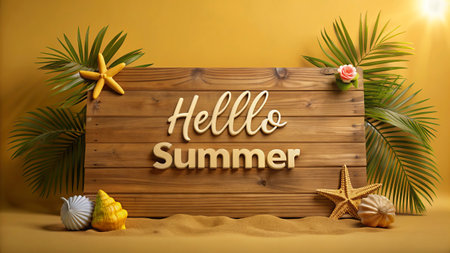 Hello Summer text on wooden sign with starfish and seashells on yellow backgroundの写真素材