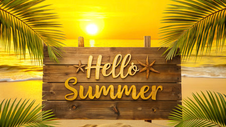 Hello Summer Wooden Signboard on the Beach with Palm Leaves and Sunset Backgroundの写真素材