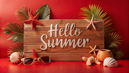 Hello Summer text on wooden sign with seashells and starfish on red backgroundの写真素材