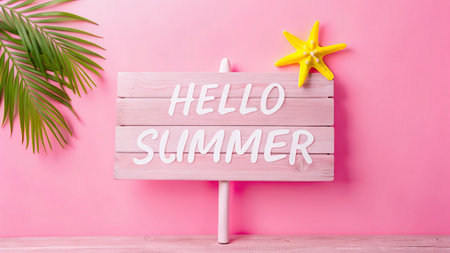 Hello Summer text on wooden sign with starfish and palm leaf on pink backgroundの写真素材