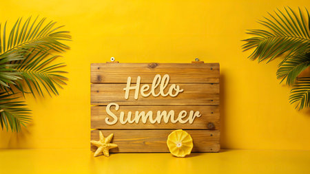 Hello Summer text on wooden sign with palm leaves and starfish on yellow backgroundの写真素材
