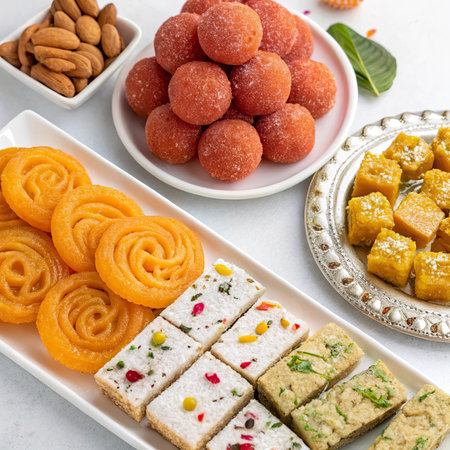 Variety of Indian sweets on white background. Assorted sweets.