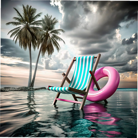 Beach chair with inflatable ring and palm trees on the background