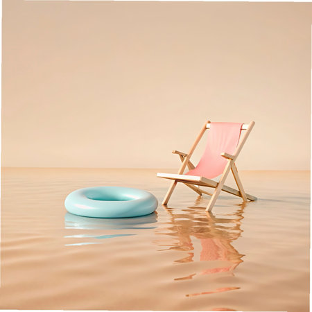 Beach chair and lifebuoy in water.