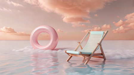 Beach chair with inflatable ring in the water. 3d renderの写真素材