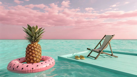 Pineapple and inflatable ring in swimming pool. 3D renderingの写真素材