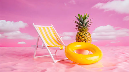 Beach chair with pineapple and inflatable ring on pink sky backgroundの写真素材