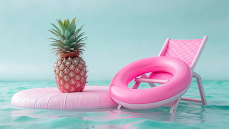 Pink inflatable ring and pineapple on the beach. 3d renderingの写真素材