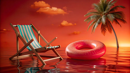 Beach chair and donut in the sea. 3d render
